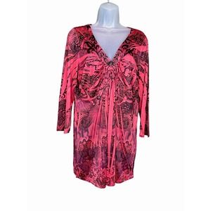 One World Sublimation Top Sz L 3/4 Sleeves Embellished Red Black Floral Gothic